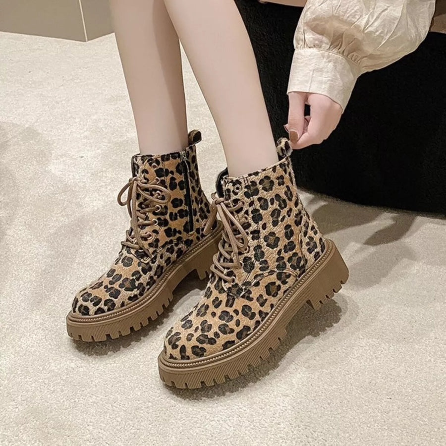 Animal Print Lace-Up Ankle Boots Apparel and Accessories