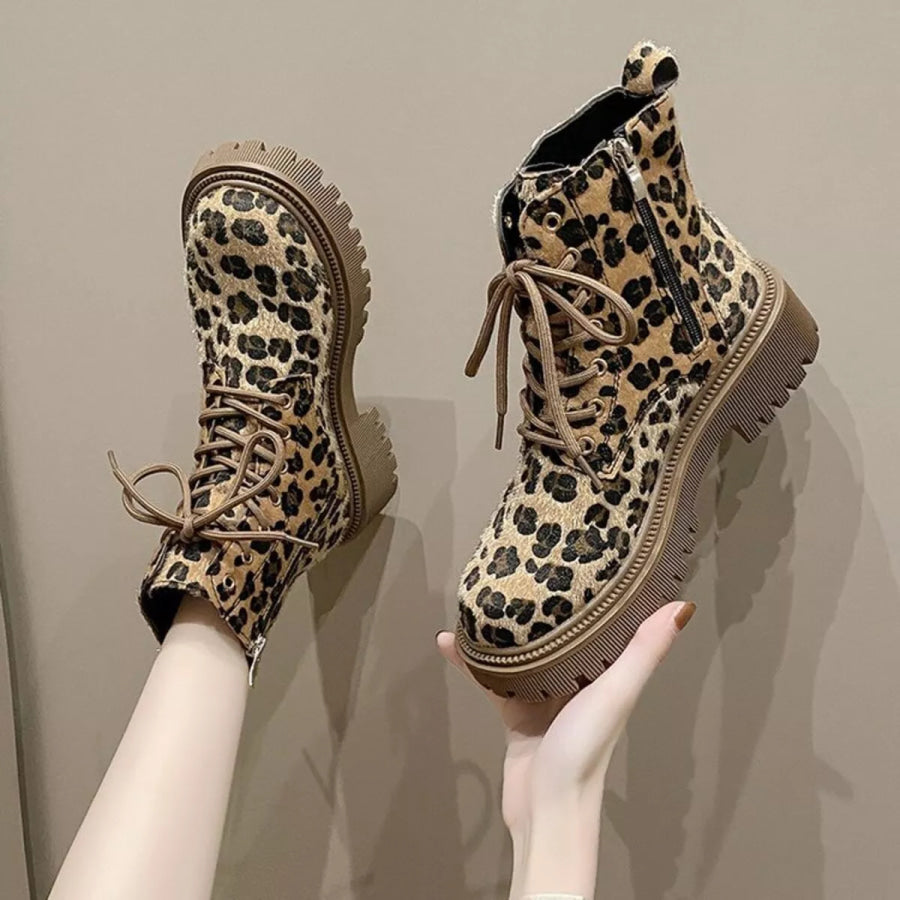 Animal Print Lace-Up Ankle Boots Apparel and Accessories