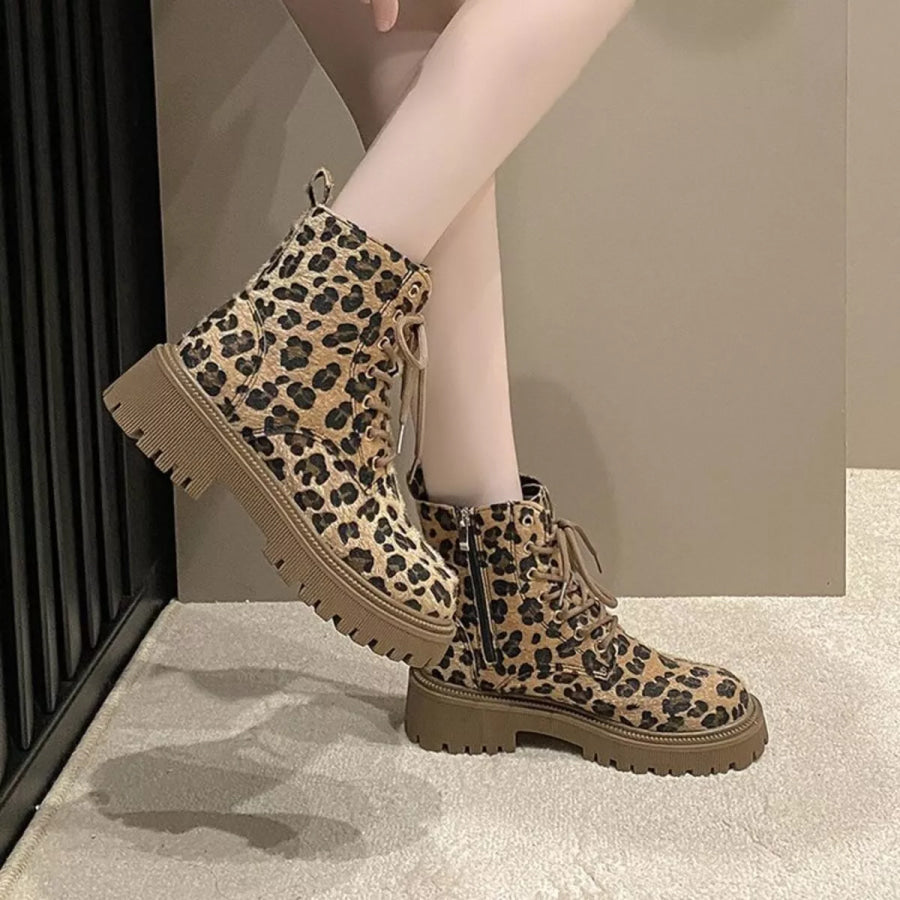Animal Print Lace-Up Ankle Boots Apparel and Accessories