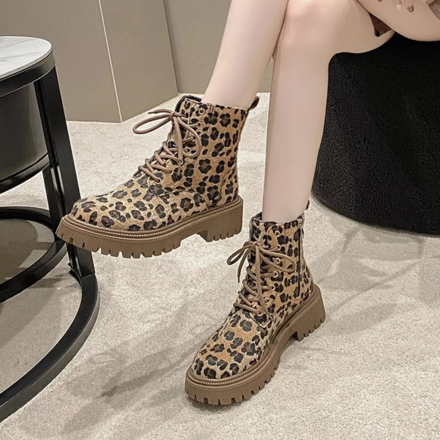 Animal Print Lace-Up Ankle Boots Apparel and Accessories