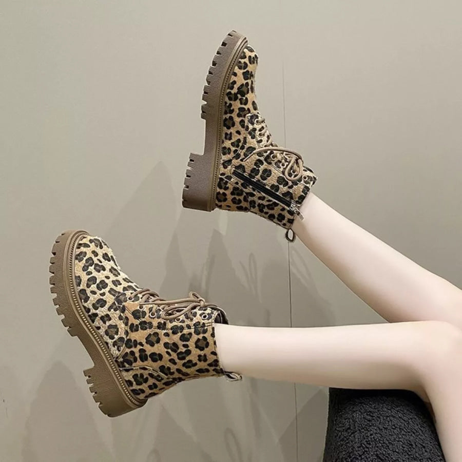 Animal Print Lace-Up Ankle Boots Apparel and Accessories
