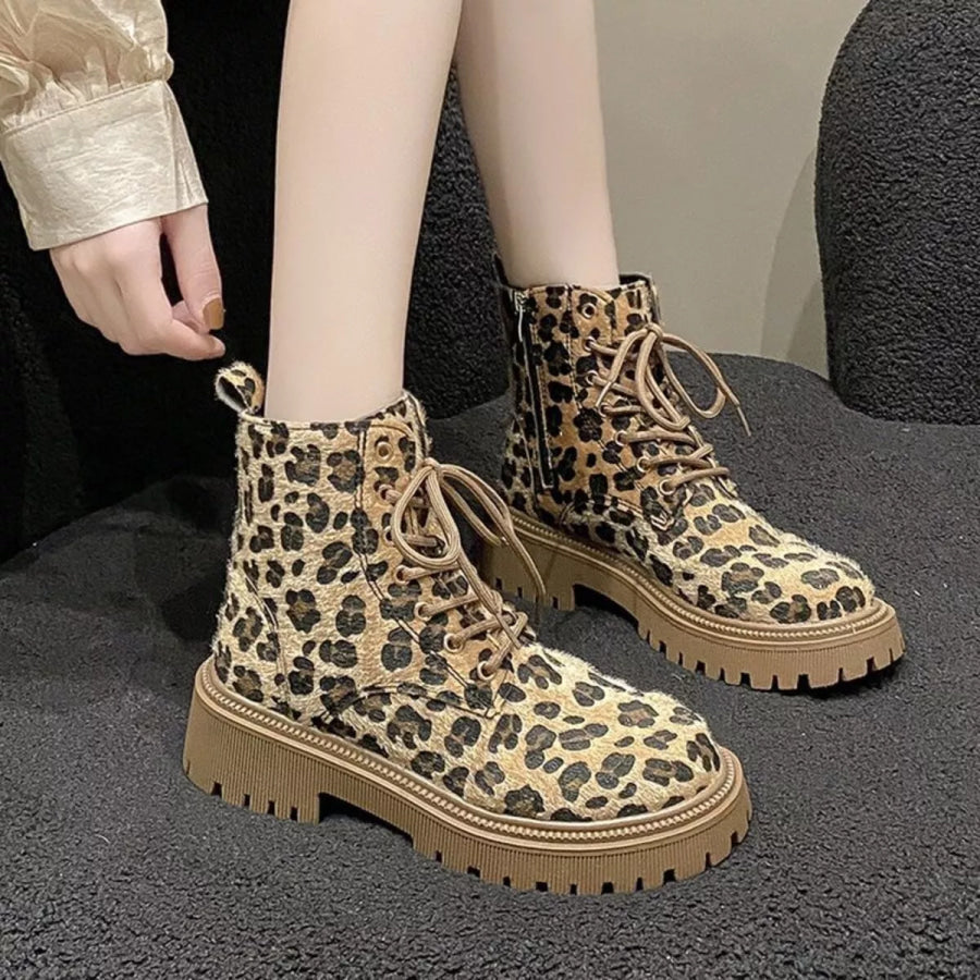 Animal Print Lace-Up Ankle Boots Leopard / 35 Apparel and Accessories
