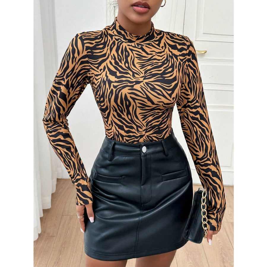 Animal Print Mock Neck Long Sleeve T-Shirt Apparel and Accessories