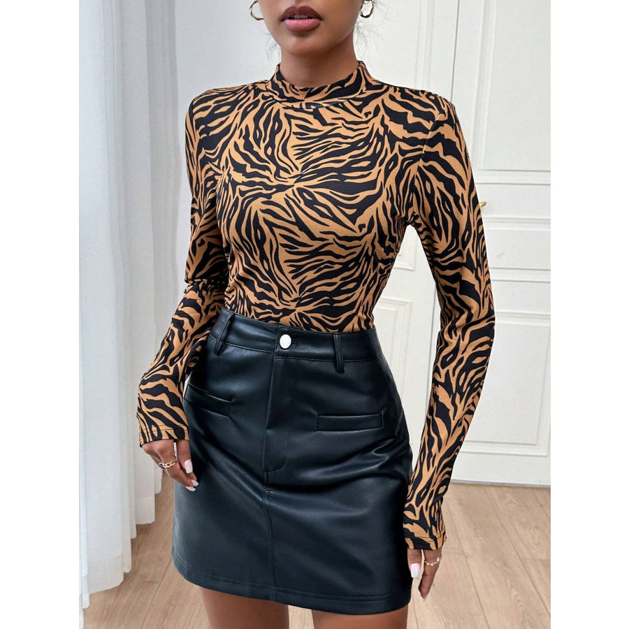 Animal Print Mock Neck Long Sleeve T-Shirt Apparel and Accessories