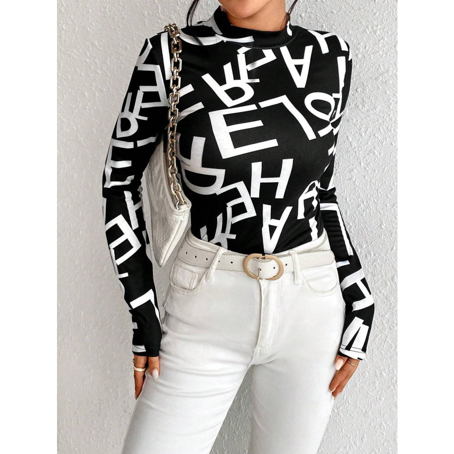 Animal Print Mock Neck Long Sleeve T-Shirt Apparel and Accessories