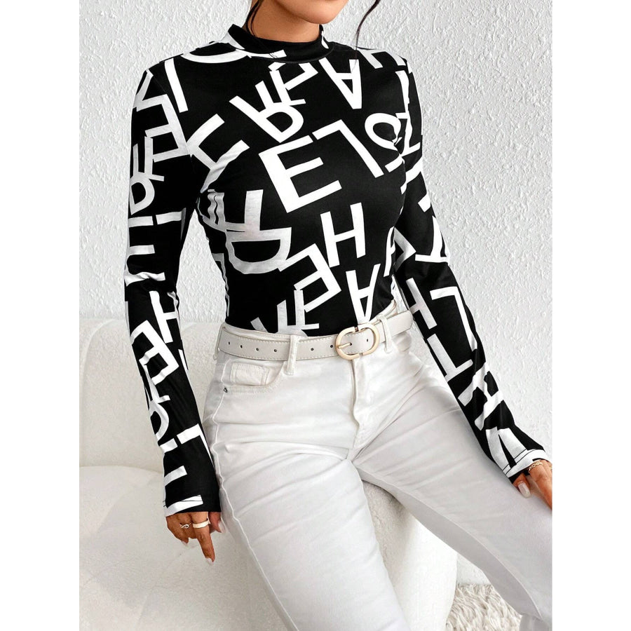 Animal Print Mock Neck Long Sleeve T-Shirt Apparel and Accessories