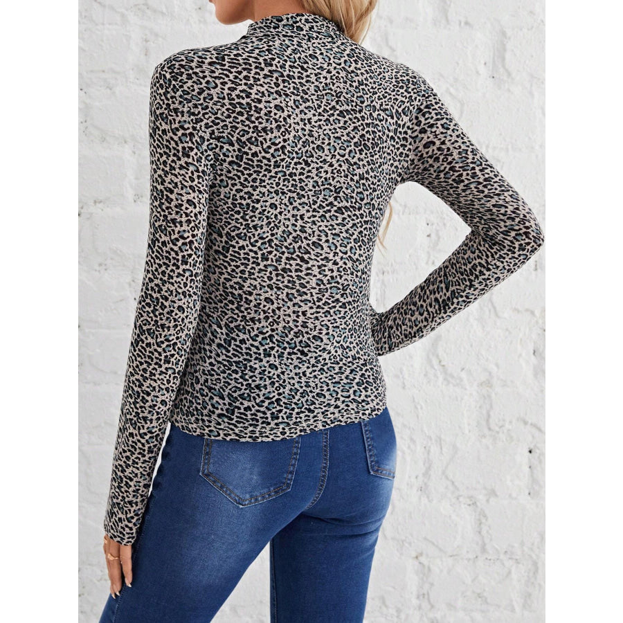 Animal Print Mock Neck Long Sleeve T-Shirt Apparel and Accessories