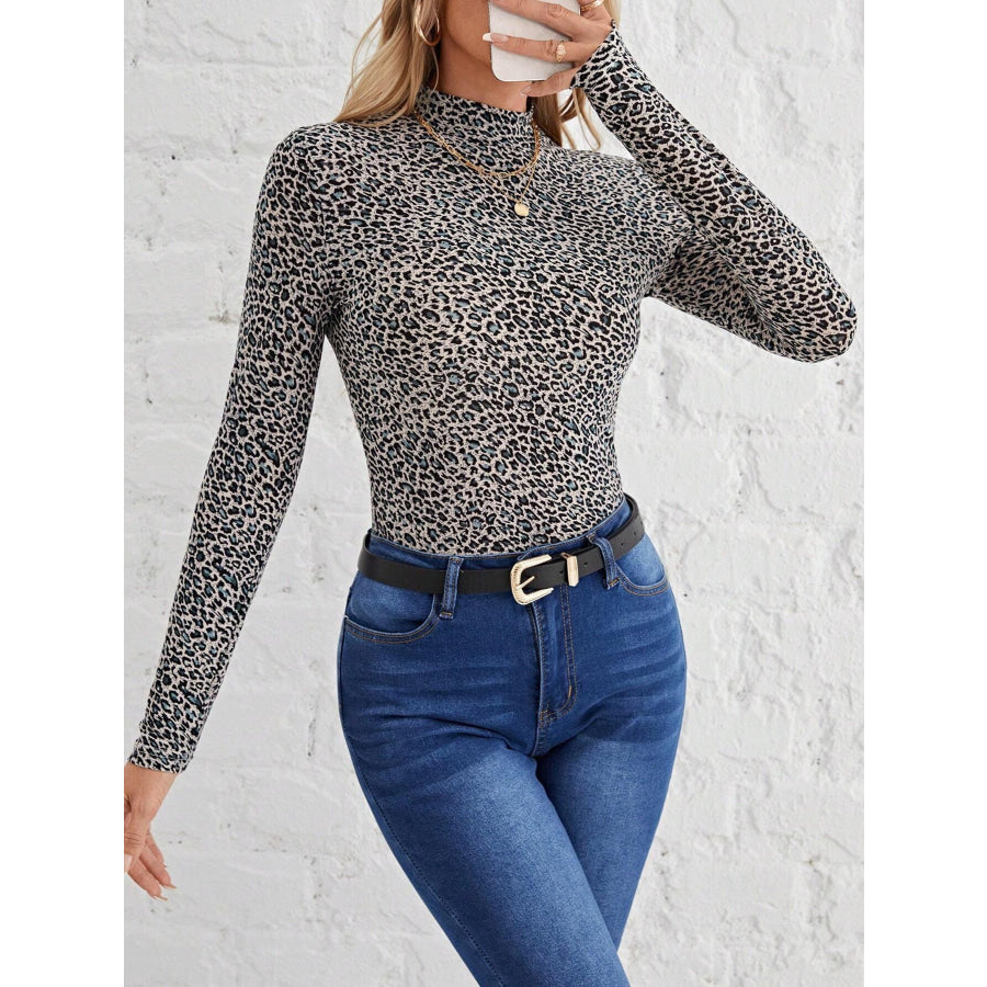 Animal Print Mock Neck Long Sleeve T-Shirt Apparel and Accessories