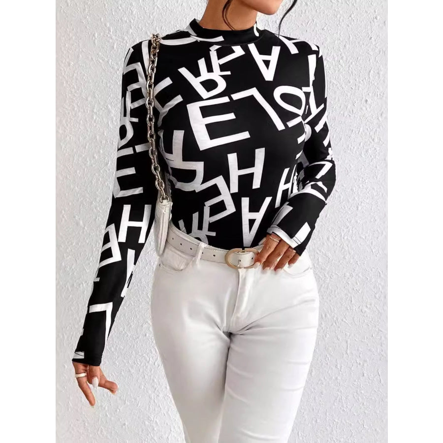 Animal Print Mock Neck Long Sleeve T-Shirt Apparel and Accessories