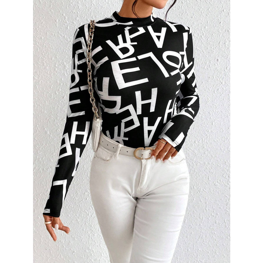 Animal Print Mock Neck Long Sleeve T-Shirt Black / S Apparel and Accessories