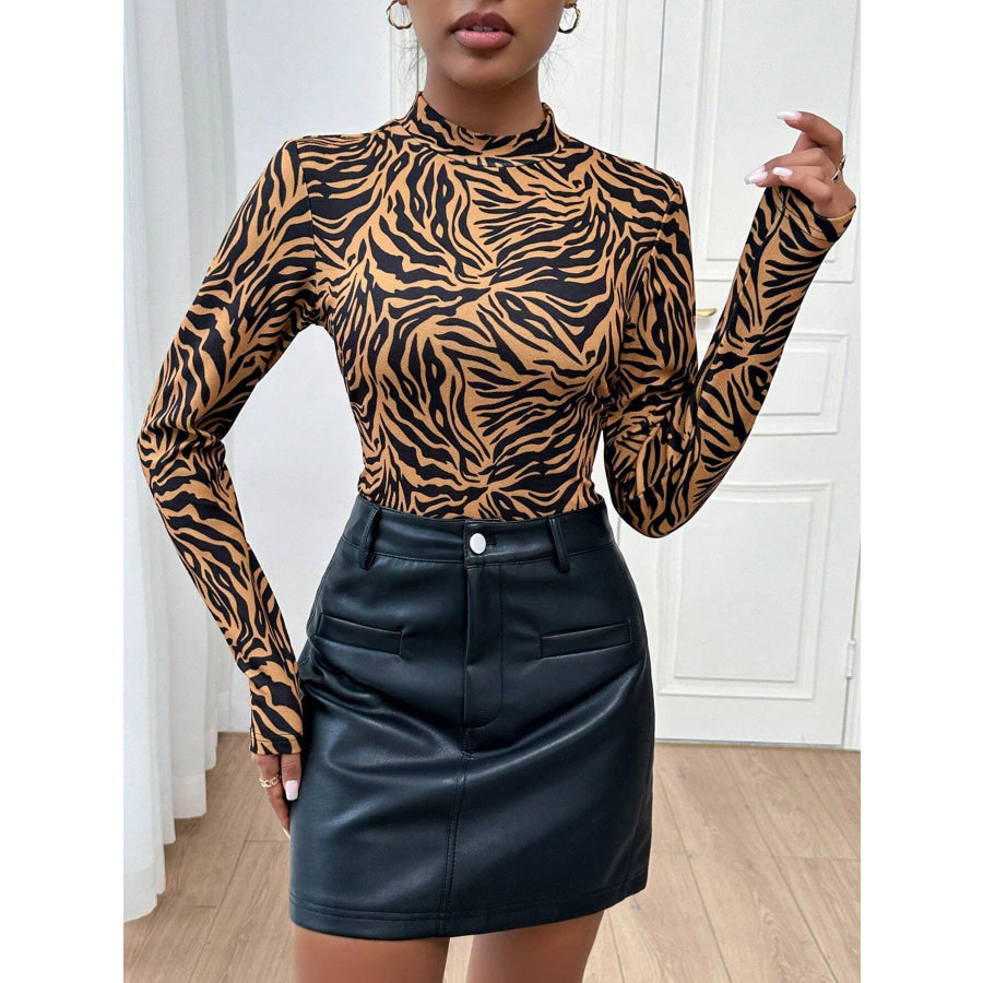 Animal Print Mock Neck Long Sleeve T-Shirt Yellow / S Apparel and Accessories
