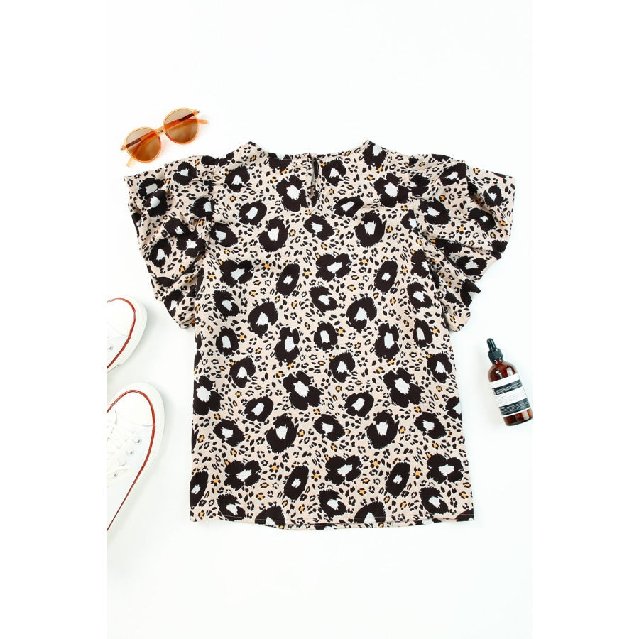 Animal Print Puff Sleeve Round Neck Blouse