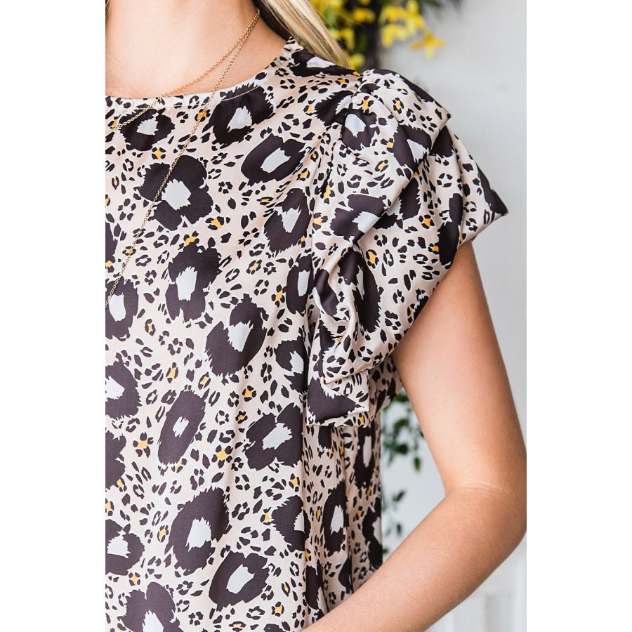 Animal Print Puff Sleeve Round Neck Blouse