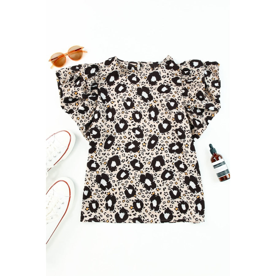 Animal Print Puff Sleeve Round Neck Blouse