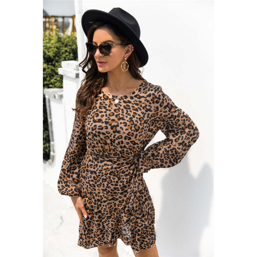 Animal Print Round Neck Balloon Sleeve Mini Dress Apparel and Accessories