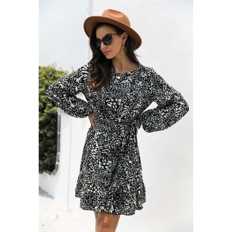 Animal Print Round Neck Balloon Sleeve Mini Dress Apparel and Accessories