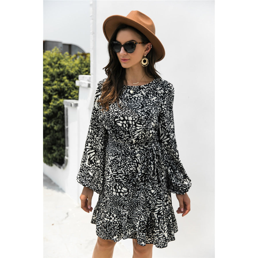 Animal Print Round Neck Balloon Sleeve Mini Dress Apparel and Accessories