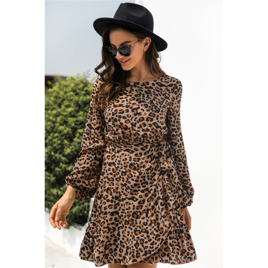 Animal Print Round Neck Balloon Sleeve Mini Dress Apparel and Accessories