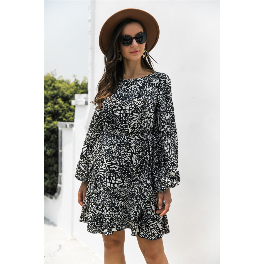 Animal Print Round Neck Balloon Sleeve Mini Dress Apparel and Accessories