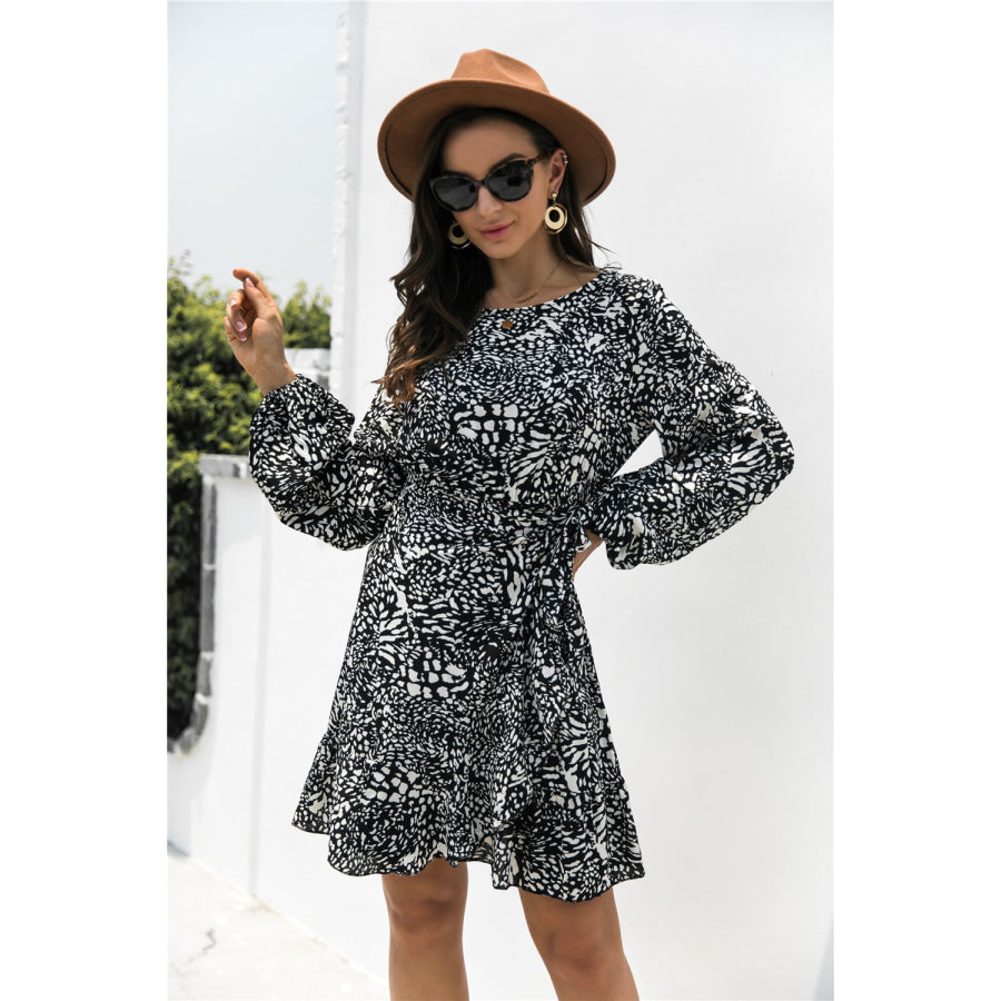 Animal Print Round Neck Balloon Sleeve Mini Dress Black / S Apparel and Accessories