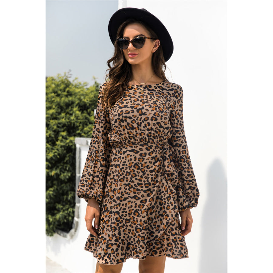 Animal Print Round Neck Balloon Sleeve Mini Dress Brown / S Apparel and Accessories