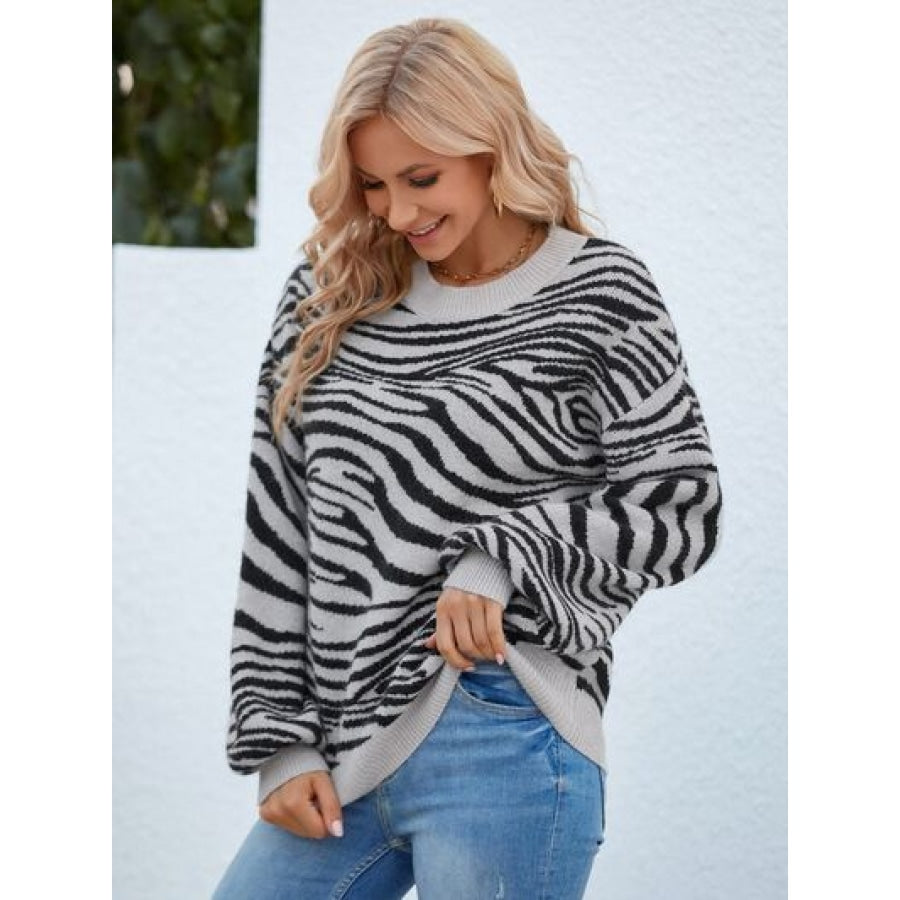 Animal Print Round Neck Dropped Shoulder Sweater Clothing