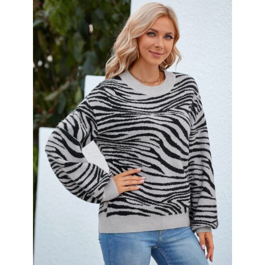 Animal Print Round Neck Dropped Shoulder Sweater Clothing