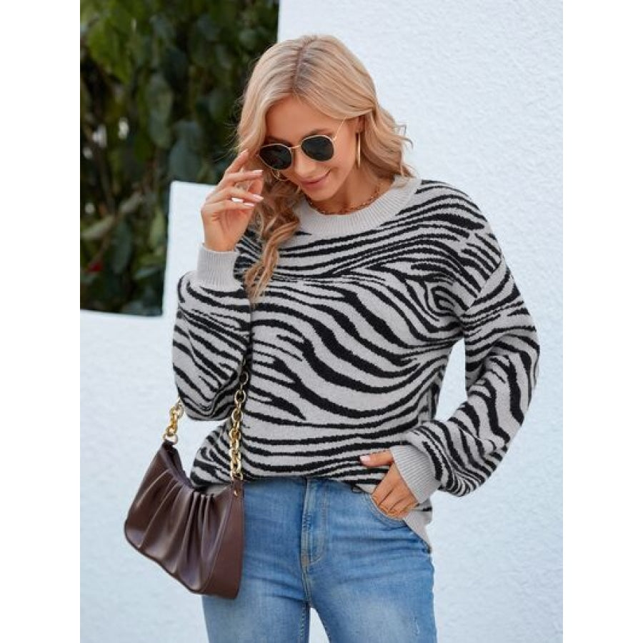 Animal Print Round Neck Dropped Shoulder Sweater Clothing