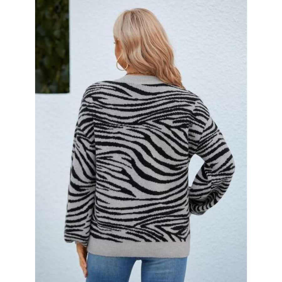 Animal Print Round Neck Dropped Shoulder Sweater Clothing