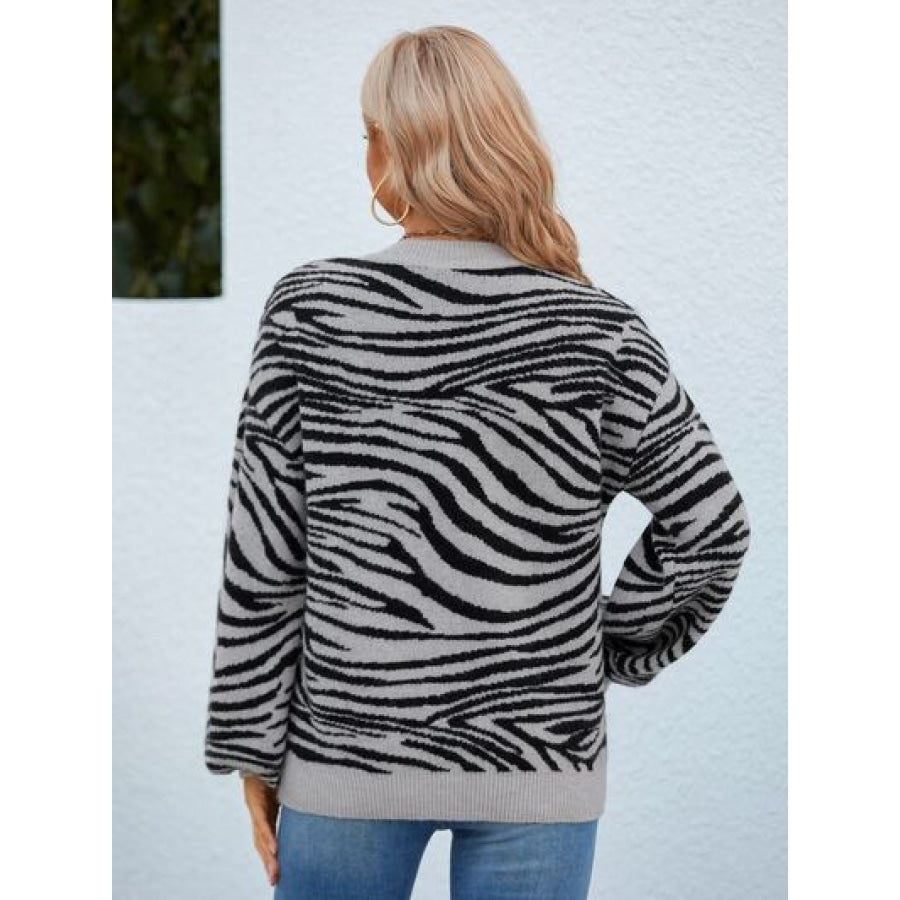 Animal Print Round Neck Dropped Shoulder Sweater Heather Gray / S Clothing