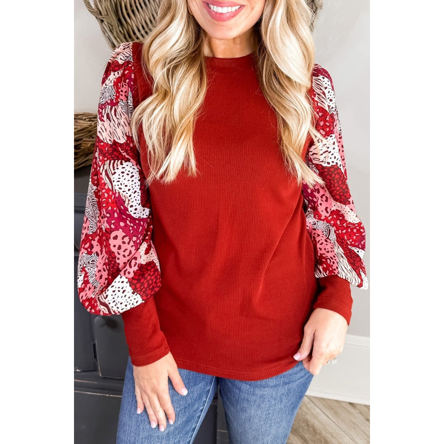 Animal Print Round Neck Long Sleeve T - Shirt Brick Red / S Apparel and Accessories