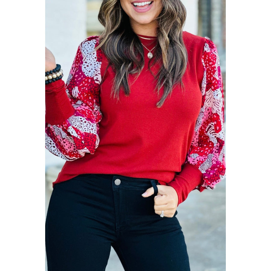 Animal Print Round Neck Long Sleeve T - Shirt Brick Red / S Apparel and Accessories