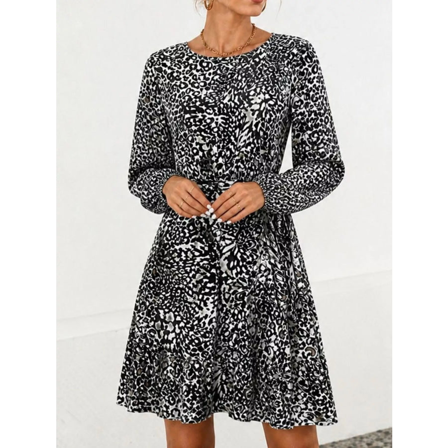 Animal Print Round Neck Mini Dress Black / S Apparel and Accessories