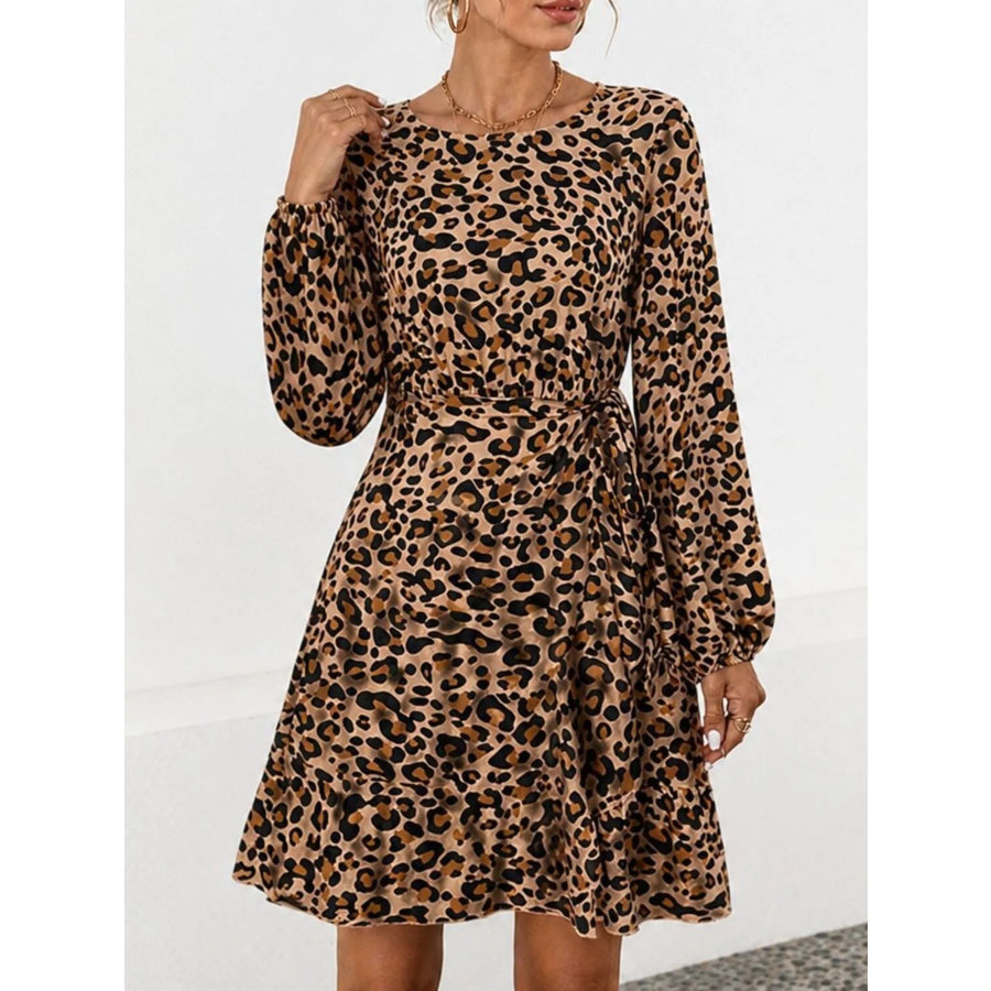 Animal Print Round Neck Mini Dress Yellow / S Apparel and Accessories