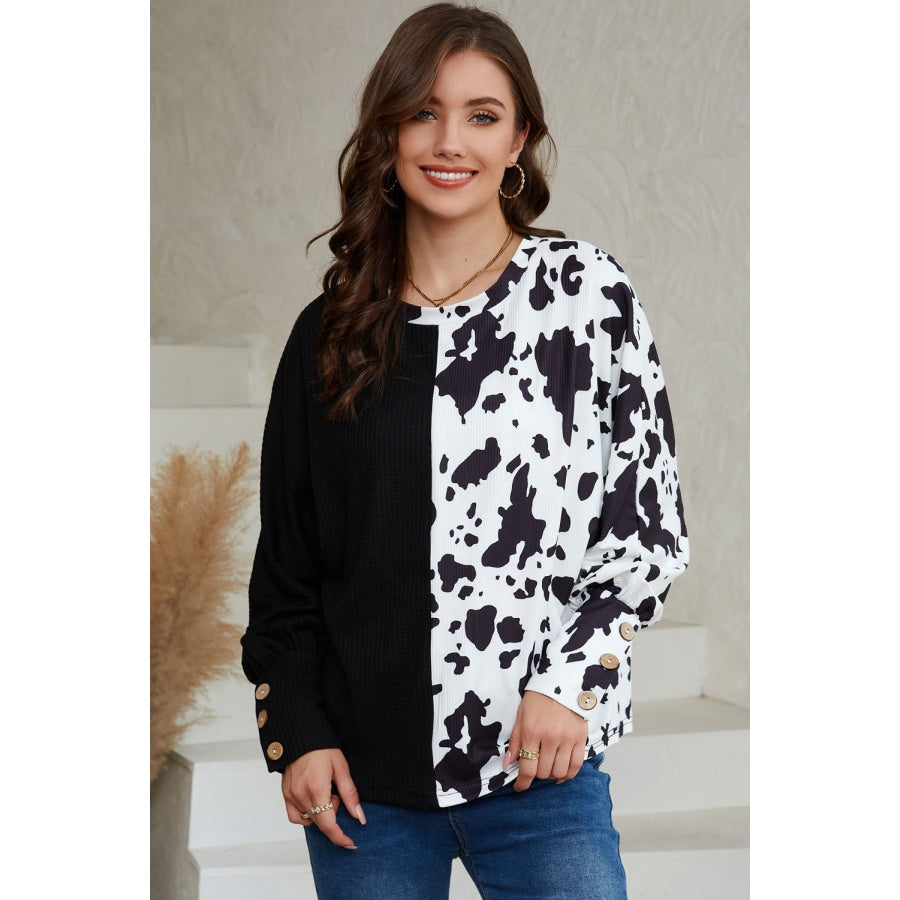 Animal Print Round Neck Top Cow Print / S