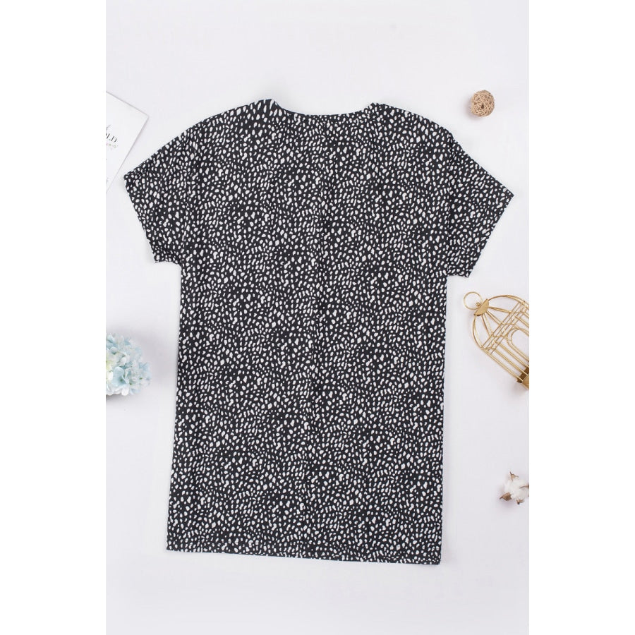 Animal Print Round Neck Tunic Tee with Pockets Black / L