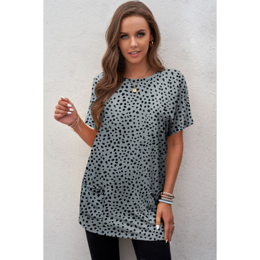 Animal Print Round Neck Tunic Tee with Pockets Dark Gray / L