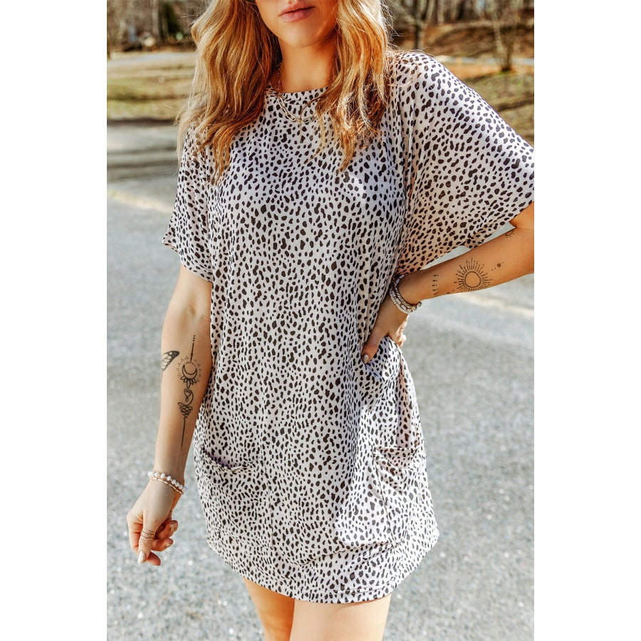 Animal Print Round Neck Tunic Tee with Pockets