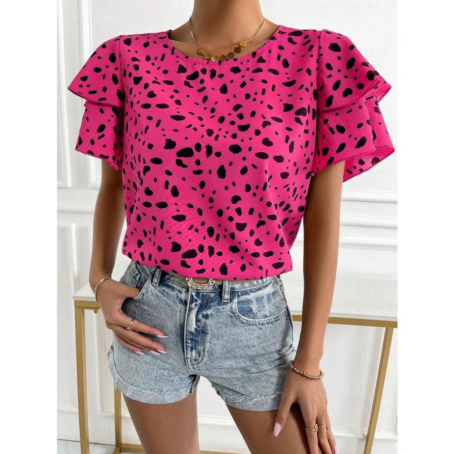 Animal Print Ruffle Sleeve Blouse Apparel and Accessories