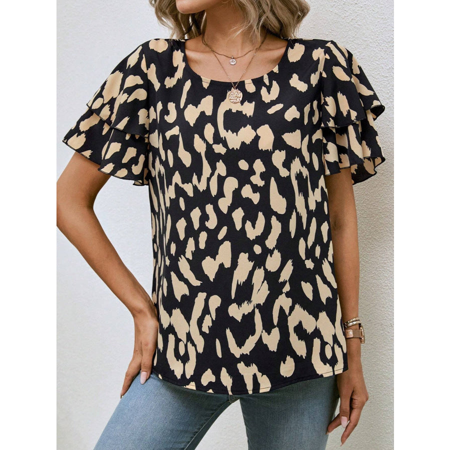 Animal Print Ruffle Sleeve Blouse Apparel and Accessories