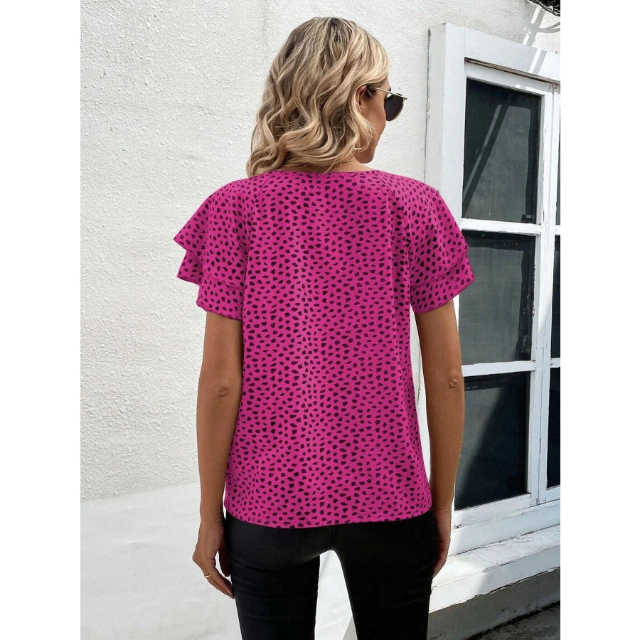Animal Print Ruffle Sleeve Blouse Apparel and Accessories
