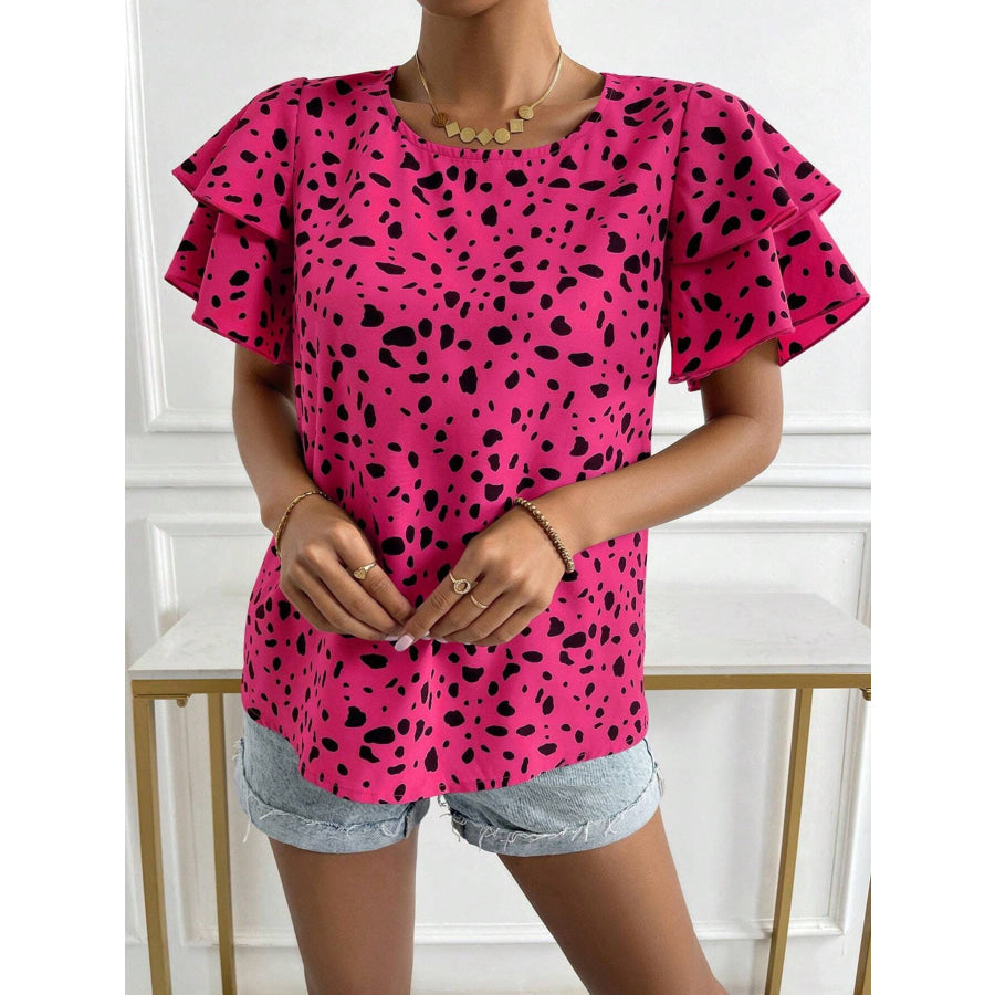 Animal Print Ruffle Sleeve Blouse Apparel and Accessories