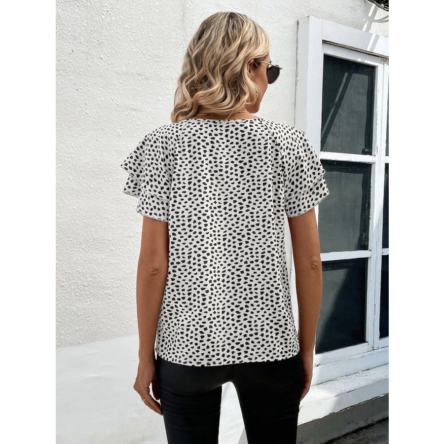 Animal Print Ruffle Sleeve Blouse Apparel and Accessories