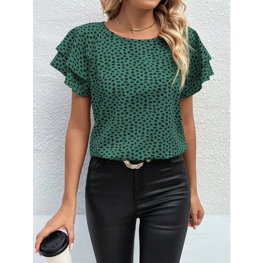 Animal Print Ruffle Sleeve Blouse Apparel and Accessories