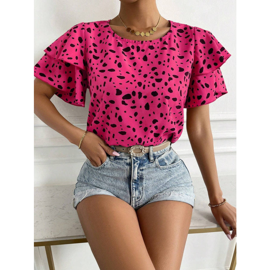 Animal Print Ruffle Sleeve Blouse Apparel and Accessories