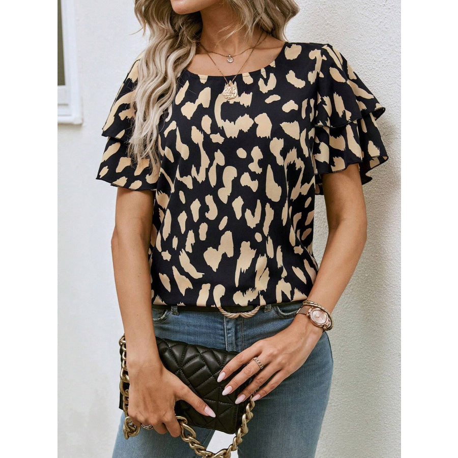 Animal Print Ruffle Sleeve Blouse Apparel and Accessories