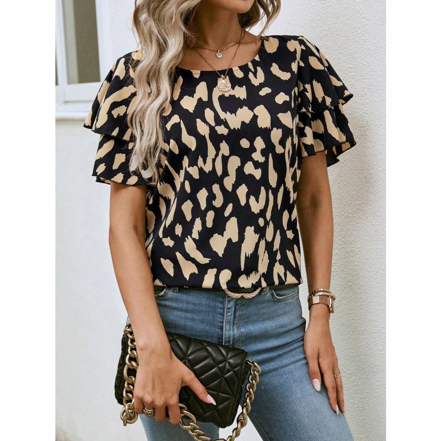 Animal Print Ruffle Sleeve Blouse Apparel and Accessories