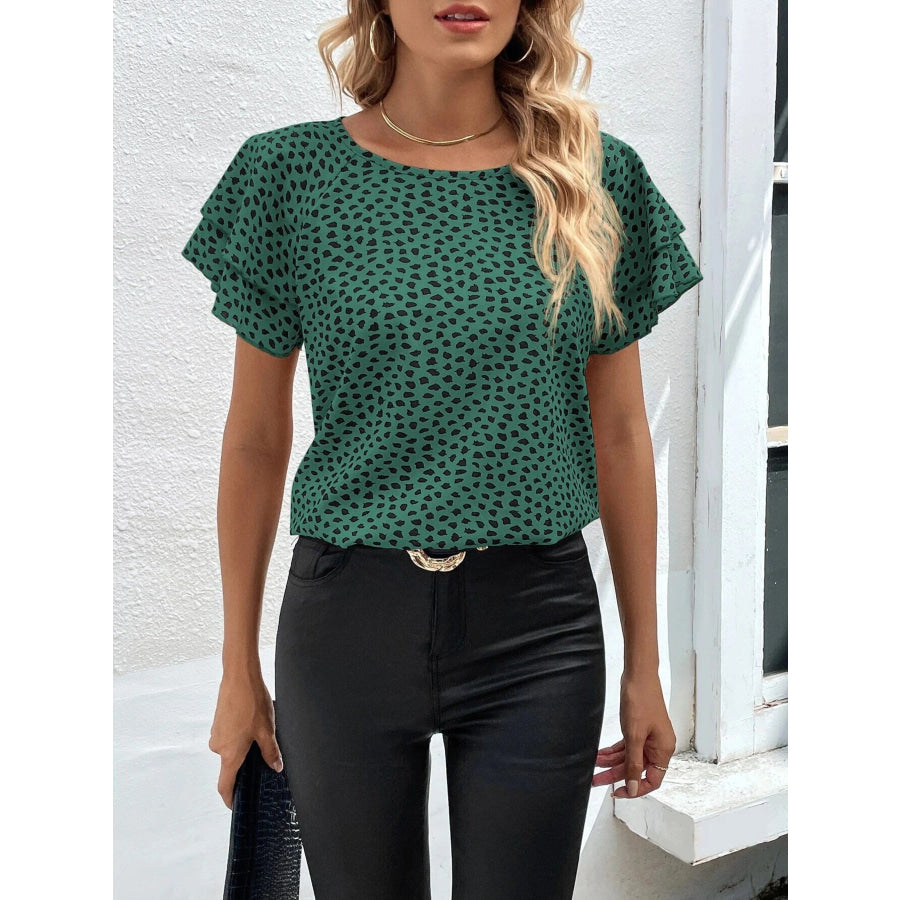 Animal Print Ruffle Sleeve Blouse Apparel and Accessories