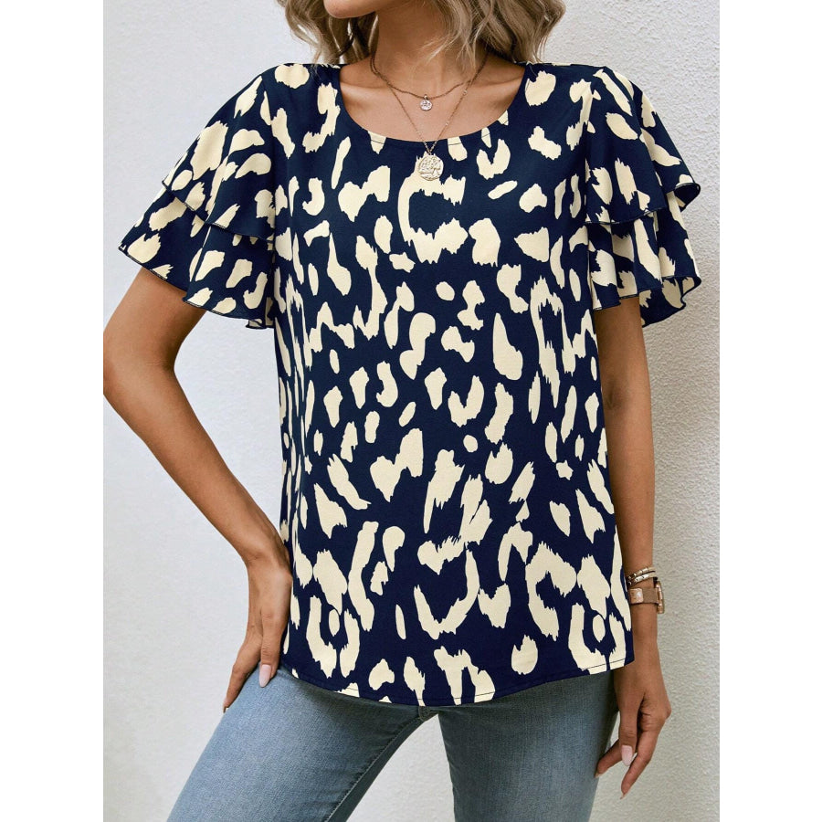 Animal Print Ruffle Sleeve Blouse Apparel and Accessories