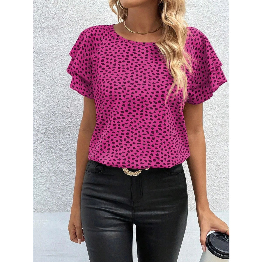 Animal Print Ruffle Sleeve Blouse Apparel and Accessories